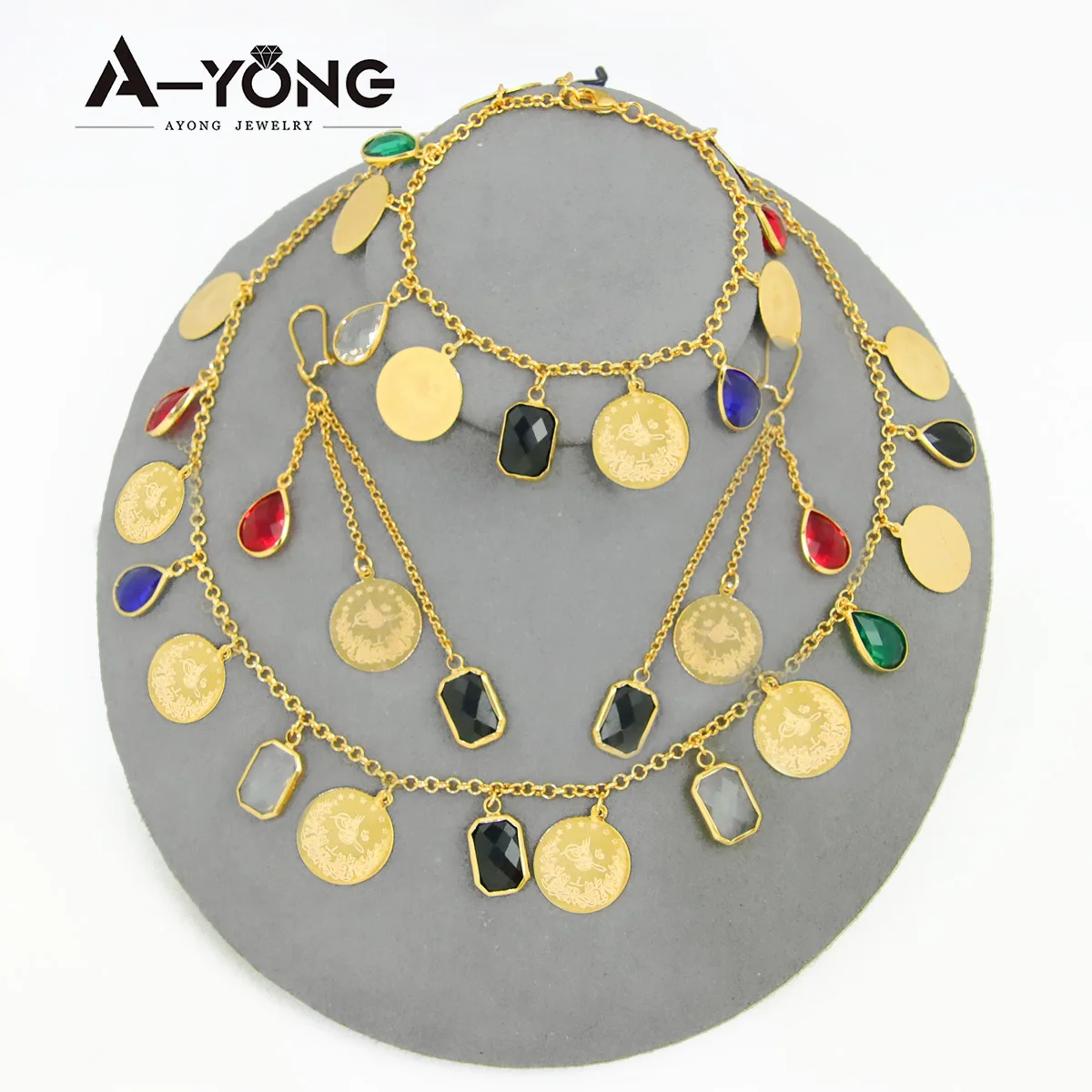 Luxury Cubic Zircon Gold Color Coins Pendant Necklace Set 21k Gold Plated Islamic Women Vintage Wedding Party Jewelry Gifts