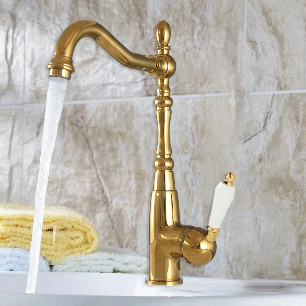 

Gold Brass Bathroom Kitchen Faucet Ceramic Handle Single Hole Kitchen Mixer Faucet Hot Cold Water Basin Tap zgf069