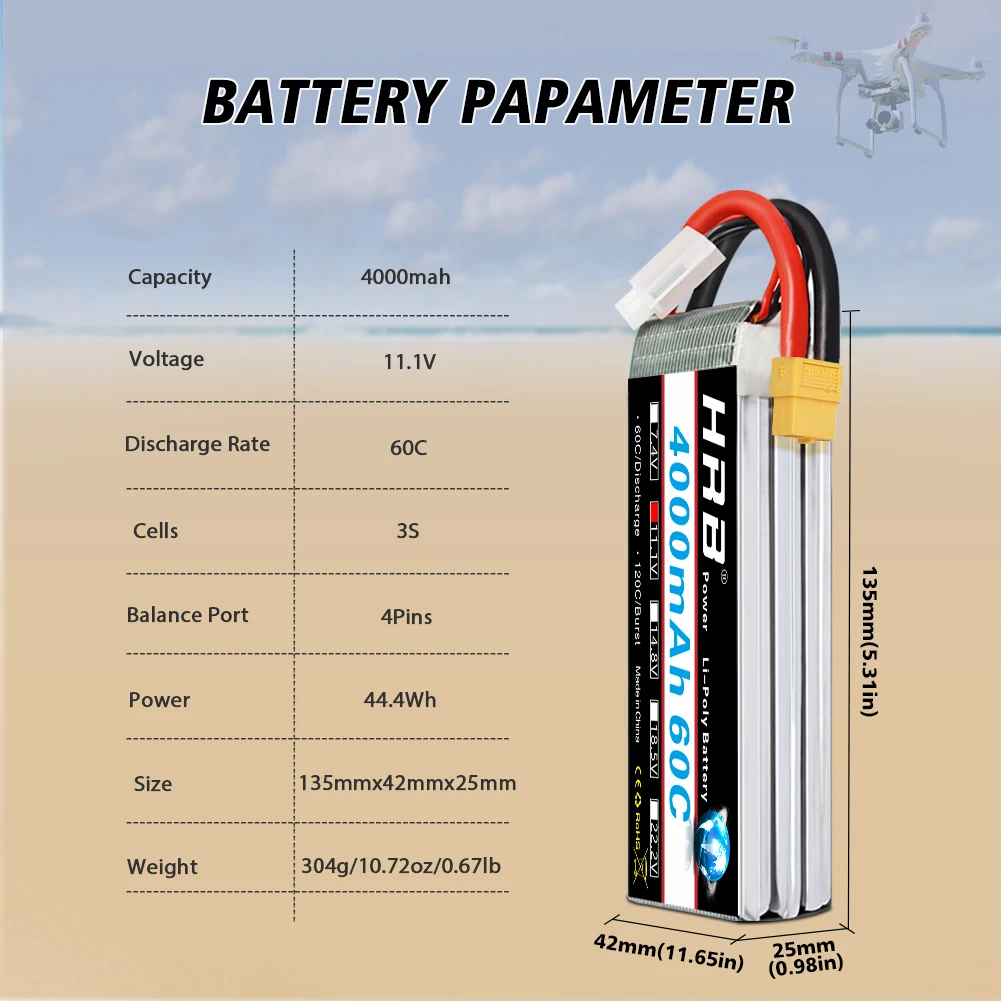 HRB 3S 4000 mAh แบตเตอรี่ Lipo 11.1V 4000 mAh RC แบตเตอรี่ 60C พร้อม XT60 สําหรับ RC รถรถบรรทุก Monster RC เครื่องบิน FPV Drone เรือ