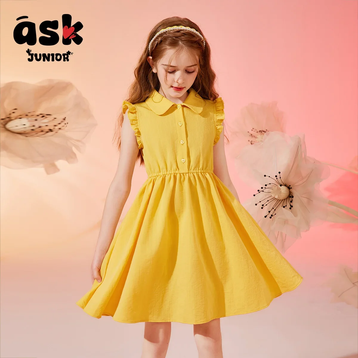 فستان صيفي للأميرات للفتيات ذو ياقة بولو بلون سادة ومتوسط وكبار السن من Ask Junior