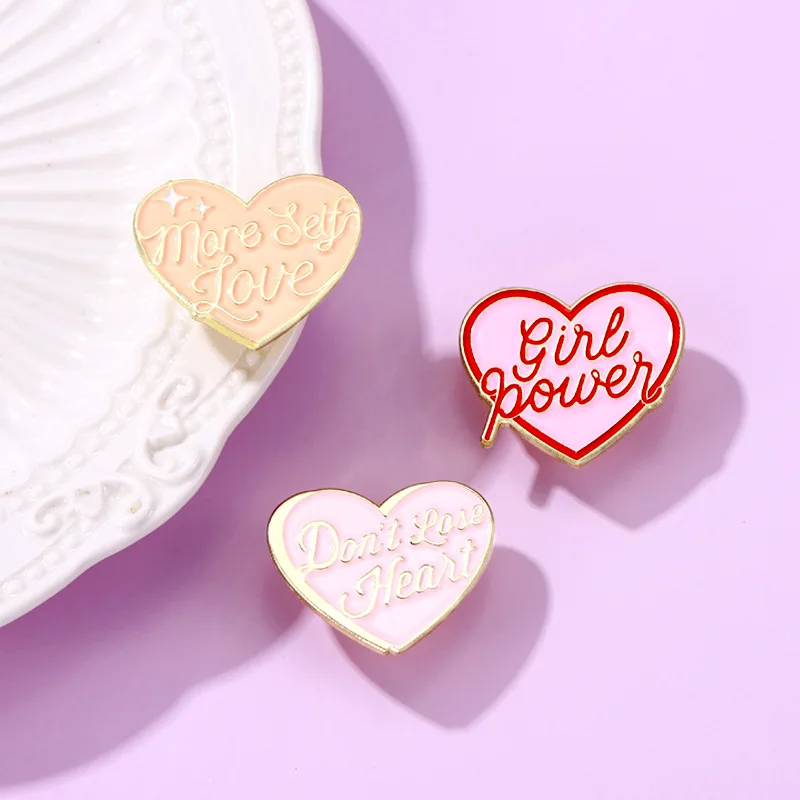 Custom Girl Woman Power Enamel Pins More Self Love Brooch Lapel Badges Backpack Heart Shape Jewelry Gifts for Friends Wholesale