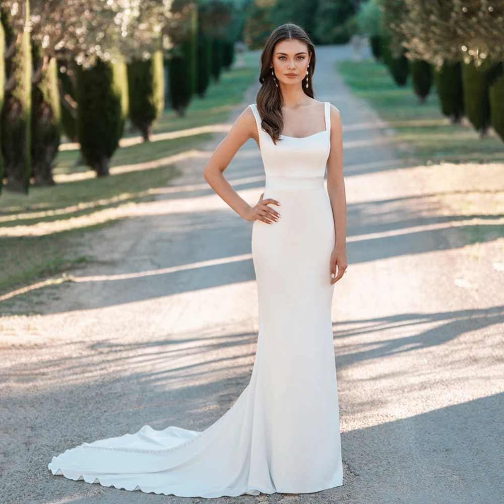Customized Civil Wedding Dress Satin Mermaid Bridal Dress Square Neck Sleeveless Back Button Sweep Train Brides Gown
