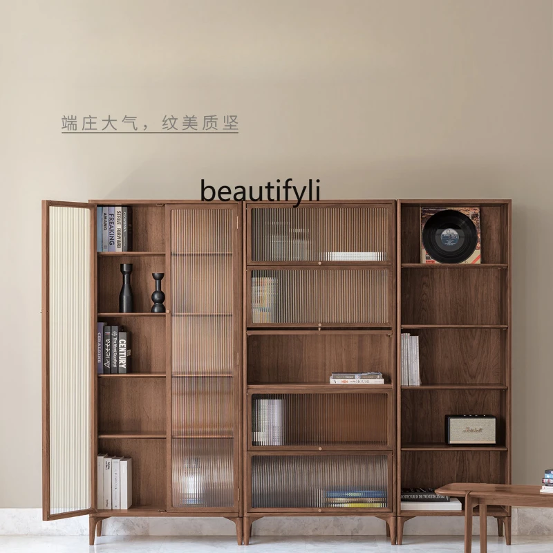 

Black Walnut Wooden Bookcase Solid Wood Bookshelf Nordic Display Cabinet Floor Flip Storage Cabinet