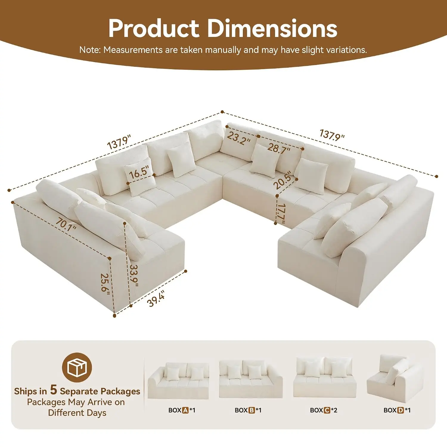 140''Modular Sectional Couches for Living Room, Cloud Boneless Compressed Sectional Sofa, Oversized U Shaped 9, Customized