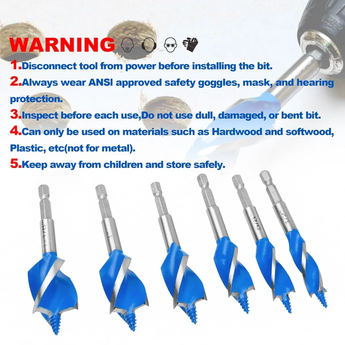 6Pcs Auger Spiral Wood Drill Bit Set, 1/2