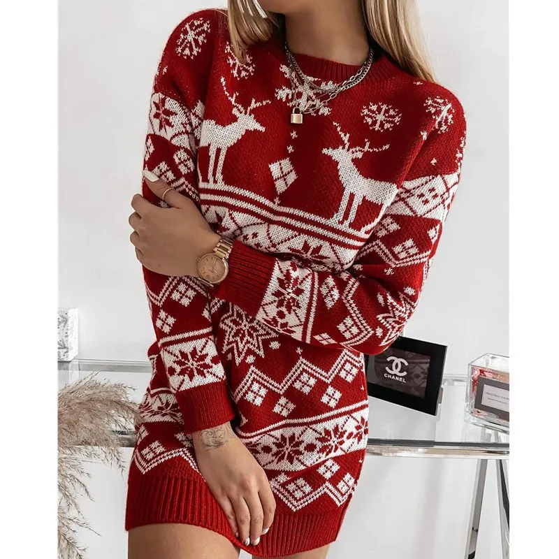 Mini vestidos navideños con ciervos y copos de nieve para mujer, Vestido corto rojo de manga larga con estampado 3D, minivestido informal para mujer para Festival y calle