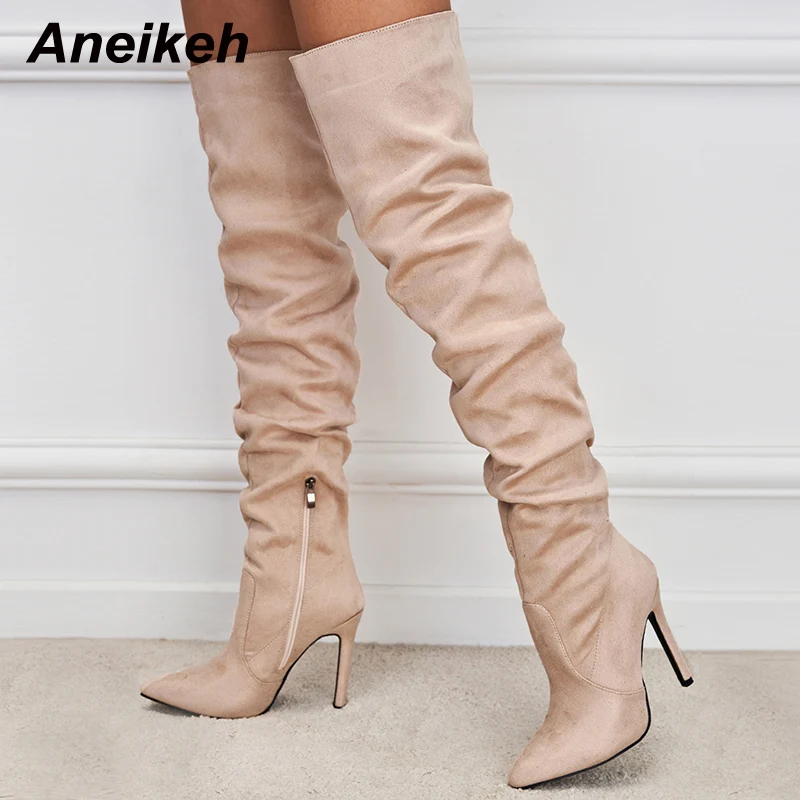 Aneikeh Women's Fashion Trend Pointed Toe Thin Heel Over Knee Boots 2024 Spring/Autumn Flock Splicing Side Zipper Chelsea Boots