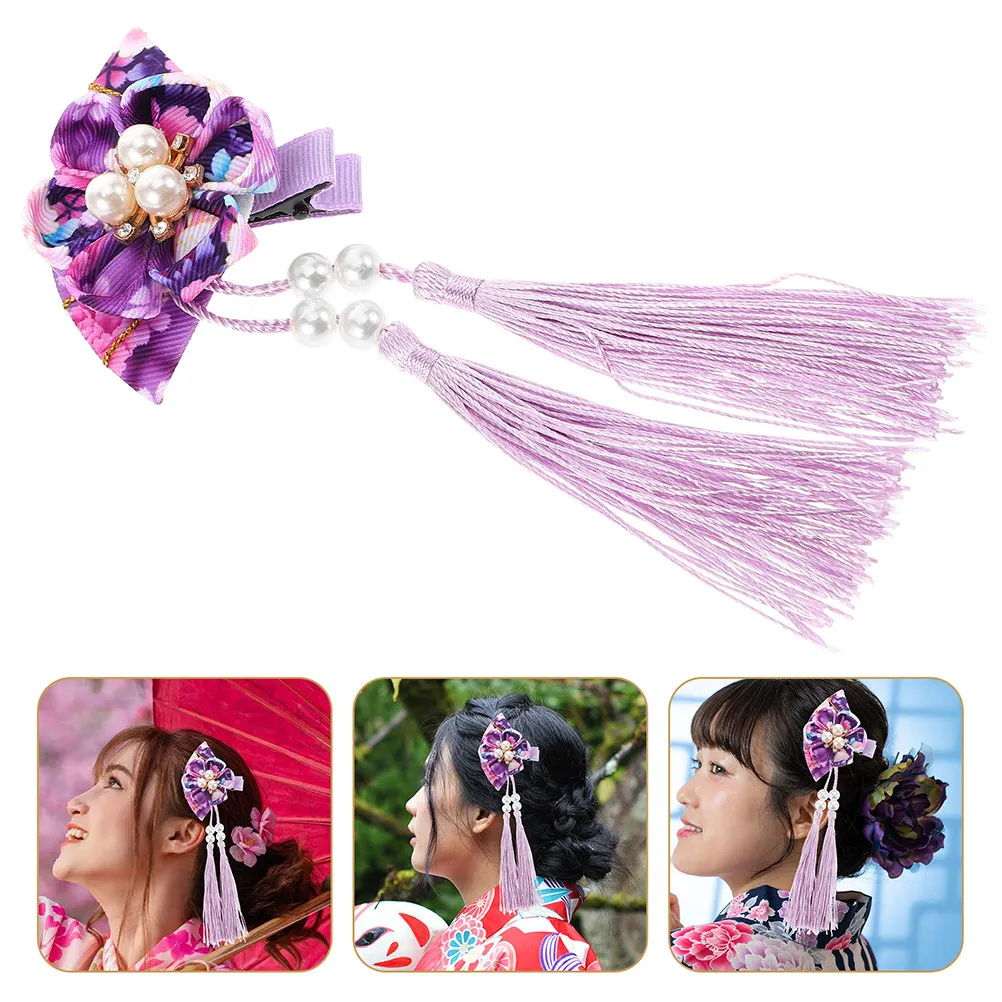 4Pcs Flower Fan Barrette Hair Clips with Tassels Japanese Style Chinese Aesthetic Hair Accessories for Kids Festive Occasions