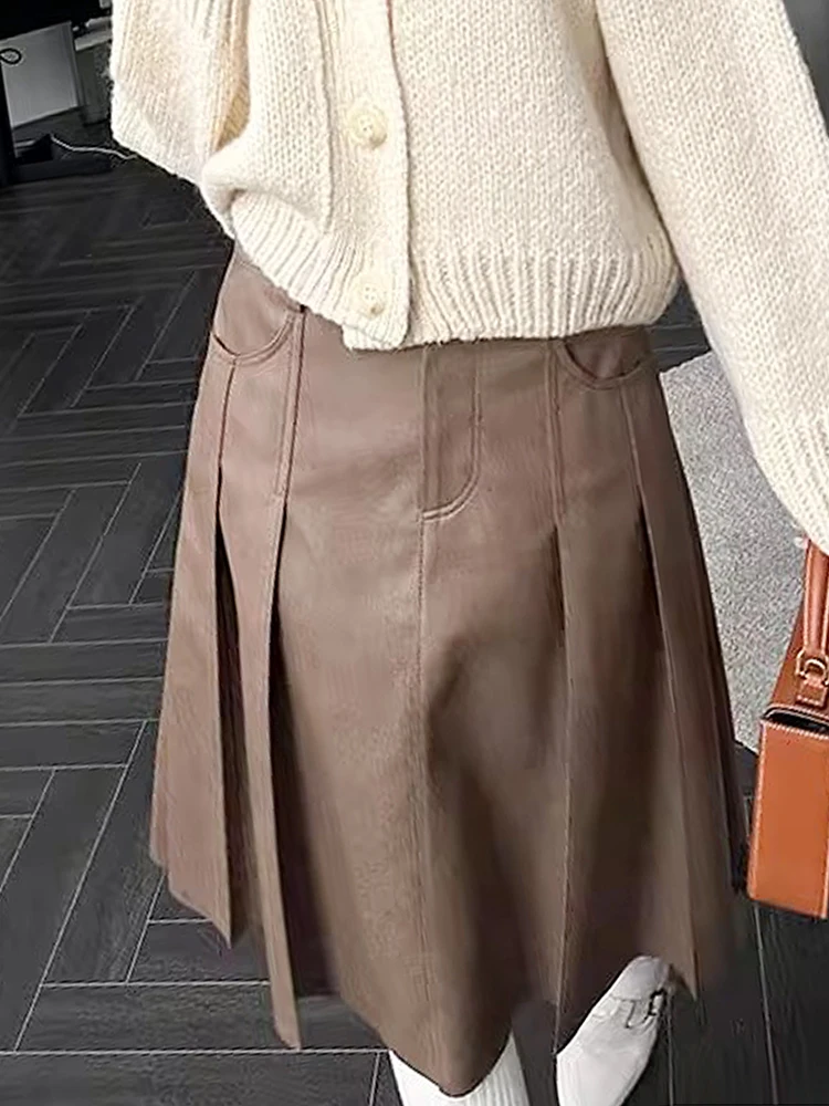 Jupe rétro en cuir PU taille haute avec Double kets, jupe décontractée Bla f-longue pour femmes, pliable et polyvalente