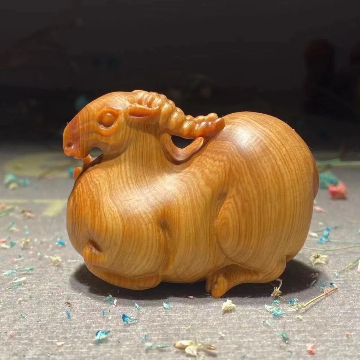 7cm Cliff Cypress Wood Carved Zodiac Sheep Figurine Money Decor