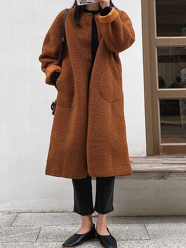 

Autumn Winter Casual Lamb Fur Jaet Women's Chic Unique High-End Warm Woolen Coat Trendy Long Sve Mid-Length Pure Color