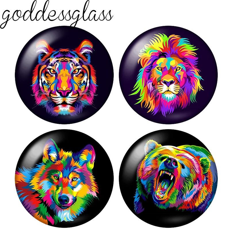 New Colorful Oil Paintings Animals Lion 10pcs 12mm/18mm/20mm/25mm/30mm Round Photo Glass Cabochon Demo Flat Back Making Findings
