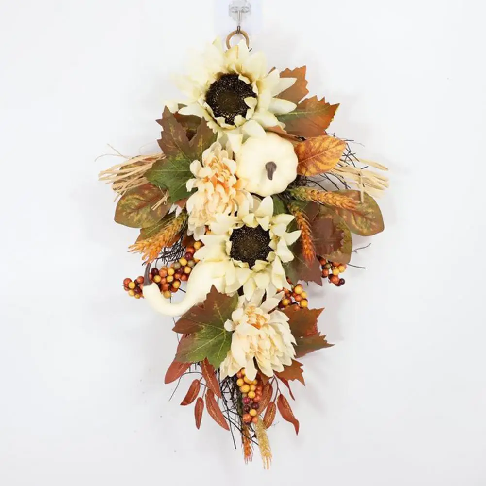 

Fall Artificial Wreath White Sunflower Wreath Autumn Harvest Decor White Sunflower Pumpkin Maple Leaves Berry Wreath for Fall