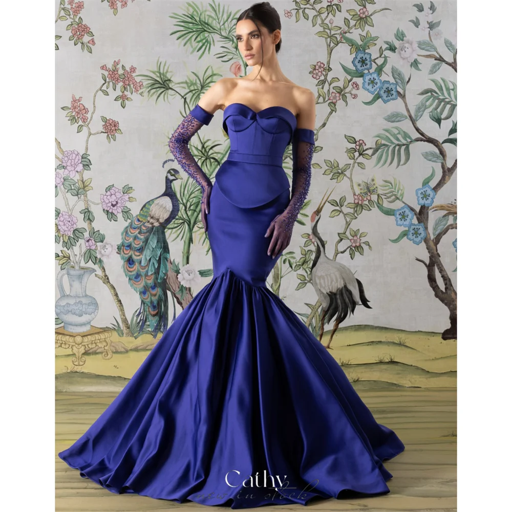 

Cathy Customized Blue Mermaid Sweetheart Neck Prom Dress Corset Satin Draped vestidos de noiva Detachable Sleeves Formal Evening