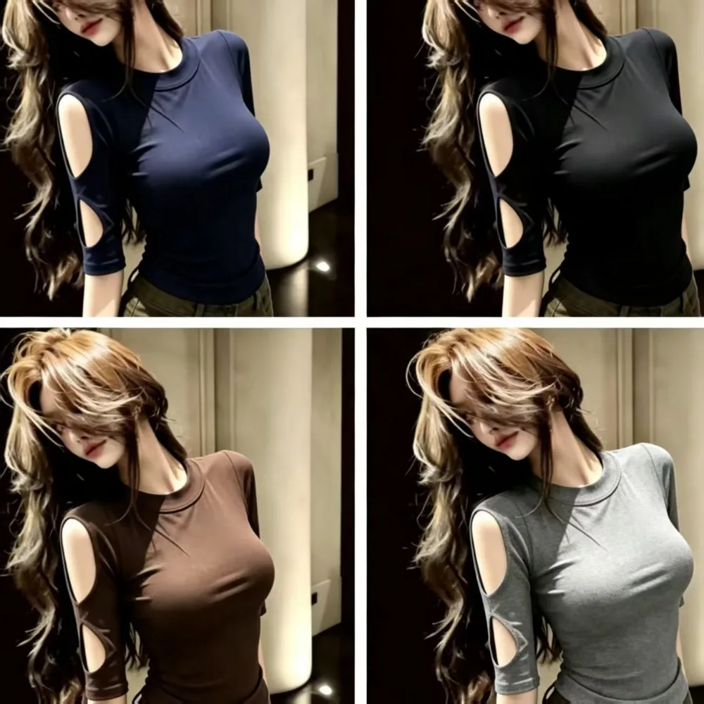 Summer Sexy Pure Desire Shoulder Bared Five Sleeve T-Shirt Women Slimming Solid Color Elegant Overheadpullover Tops Tops