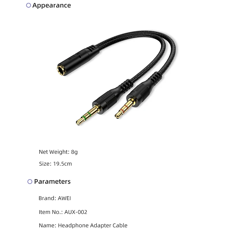 Awei AUX-002 AUX-001 3.5mm kobieta do 2 mężczyzna Y kabel splittera Aux Audio kabel Pc słuchawki słuchawki Mic Jack Dropshipping