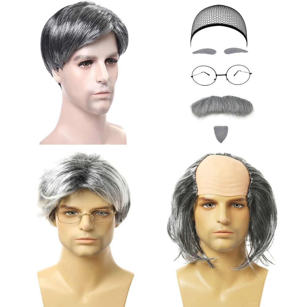 Grandpa Cosplay Fantasy Accessories Funny The Old Man Wigs Mustache Reading Glasses Adult Men Party Props Gifts Photo Props