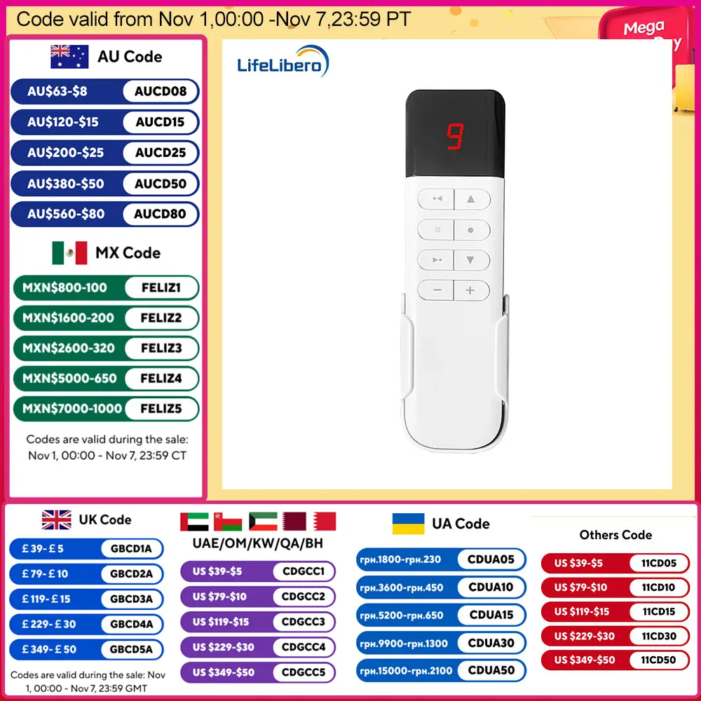 

LifeLibero Handheld Rf433 Remote Controller For Electronic Smart Curtains Motor Roller Blinds Tuya Smart Life APP Control Home