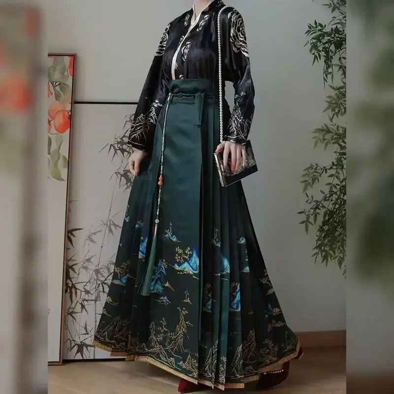 

2pcs Set Hanfu Horse Face Skirt Modern Women Oversized Office Lady Wear Long Sleeve Shirt+Skirt Chinese Hanfu Sets Plus Size XL
