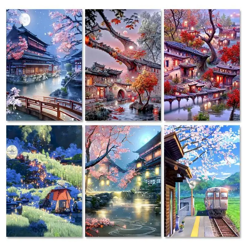 

GATYZTORY Modern Diy Painting By Numbers Peach Blossom Courtyard Landscape Handpainted Picture With Numbers For Home Decors