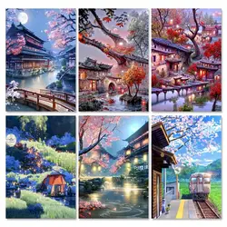 GATYZTORY Modern Diy Painting By Numbers Peach Blossom Courtyard Landscape Handpainted Picture With Numbers For Home Decors