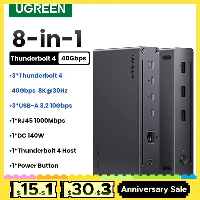 UGREEN Thunderbolt4 Docking Station 8-in-1 40Gbps HUB with 3xThunderbolt 4 Dual 4K60Hz Single 8K30Hz 1000Mbps for MacBook Laptop