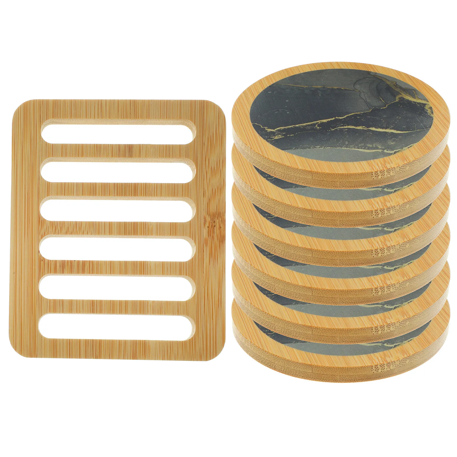 1Set Marble Cup Mat Wooden Round Coaster Heat Resistant Cup Mat for Home Office Restaurant Decorative Drink Coaster