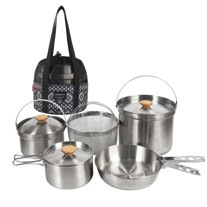 

Outdoor Cookware Camping Stainless Steel Pot, Set Portable Picnic Soup Pot Fried Steam BBQ Travel Cooking Home Tableware