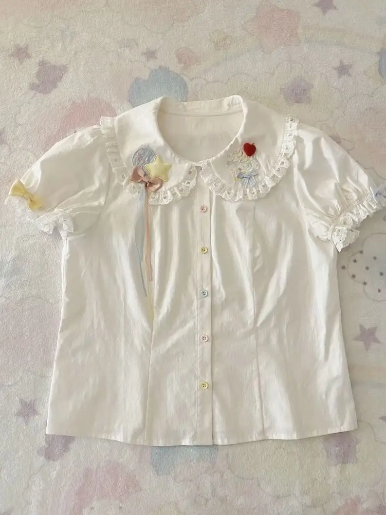 2025 Japanese Kawaii Girl Sweet Cute Lolita Shirt Summer Y2k Aesthetic Lace Patchwork Blouse Top Women JK Loose Bow Blusas Femme