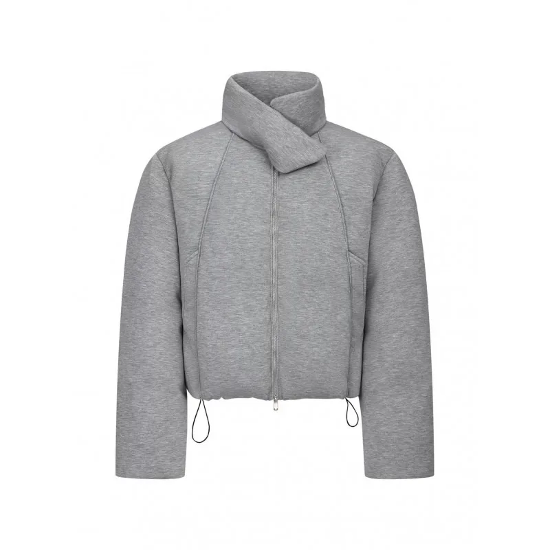 Men Unique Wrap High Collar Zip Up Padded Jacket Cropped Drawstring Hem Loose Light Quilted Coat Minimalist Streetwear Casual