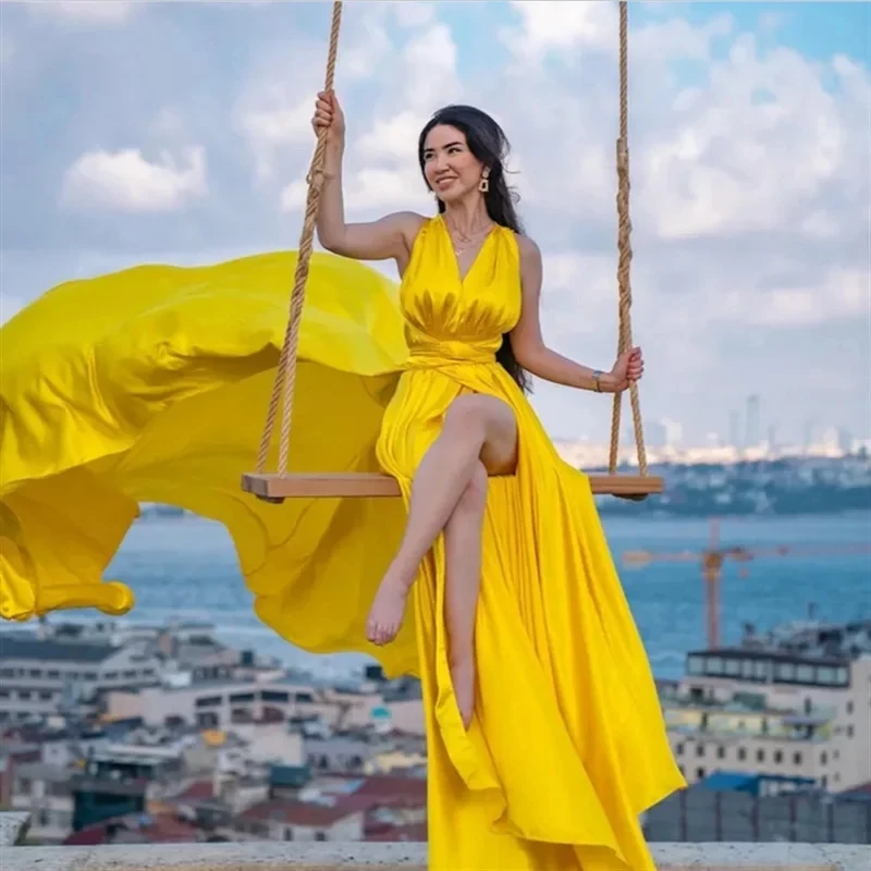 

Сексуальное летающее золотое вечернее платье 2026 с v-образным вырезом и открытой спиной, длинный хвост, вечерние платья для фотосъемки, гала-пляжное платье De Soiree