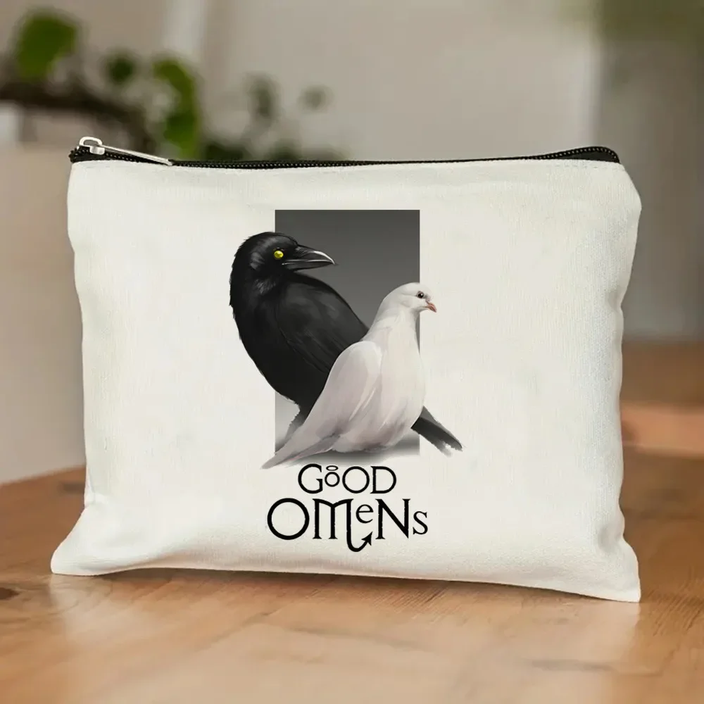 Good Omens Gift Bag 2pcs Crowley Ineffable David Tote Bag Set Canvas Handbag with Makeup Bag Folding Grocery Shopping Bag