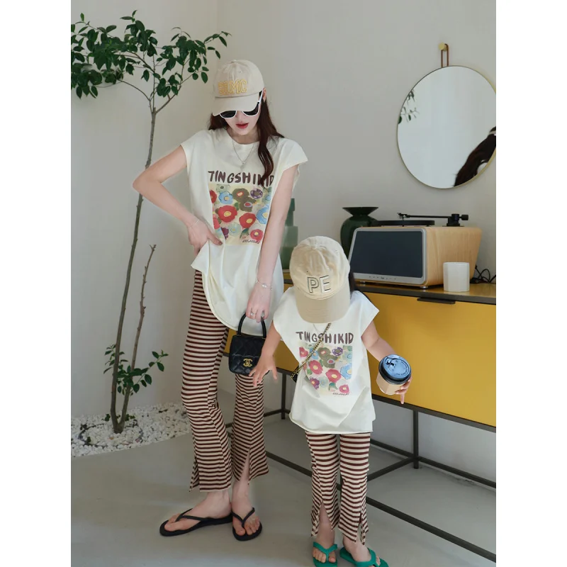 Family Summer Korean Style Set Mother and Daughter Casual Vest Split Top Striped Flared Pants Cream Set