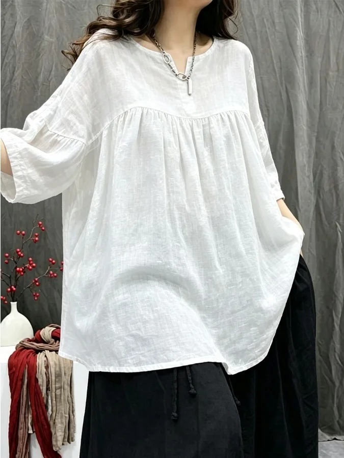 Authentic 2026 Spring Summer Pure White Hemp Doll Shirt Loose Women's Top Casual Style Printed Loose Fit Cotton T-Shirt