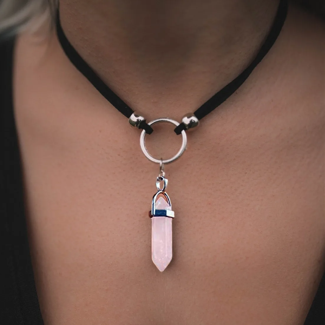 Silver O-ring black necklace natural stone natural crystal necklace