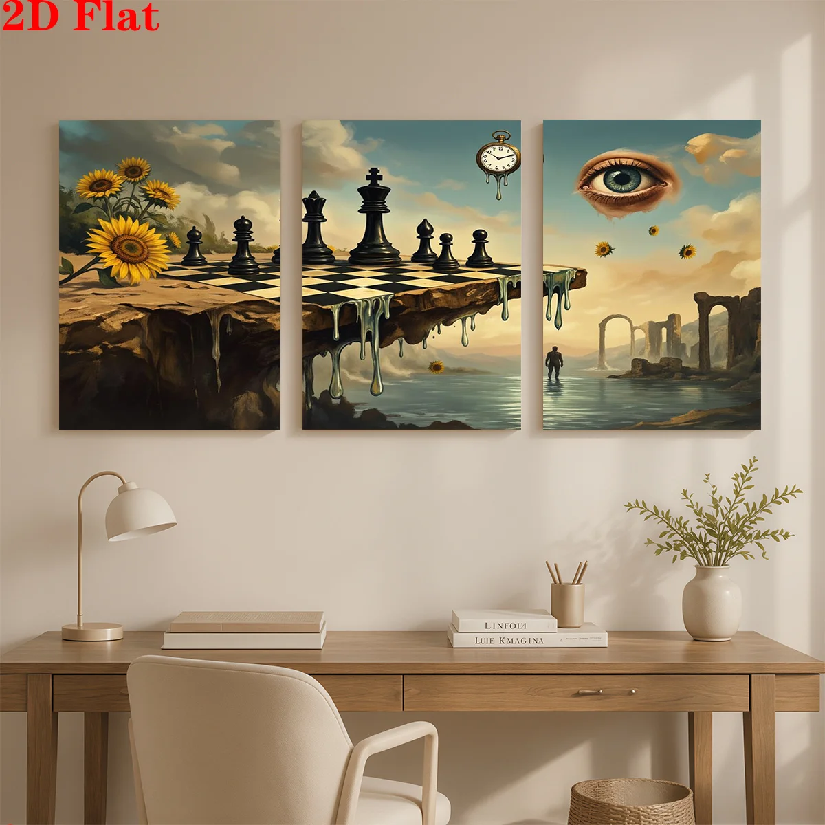 Frameless Canvas 2D 3pcs Canvas Art Wall Hanging- Chessboard Cliff Eye Clock Sunflowers Suitable For Decorating Offices, Din