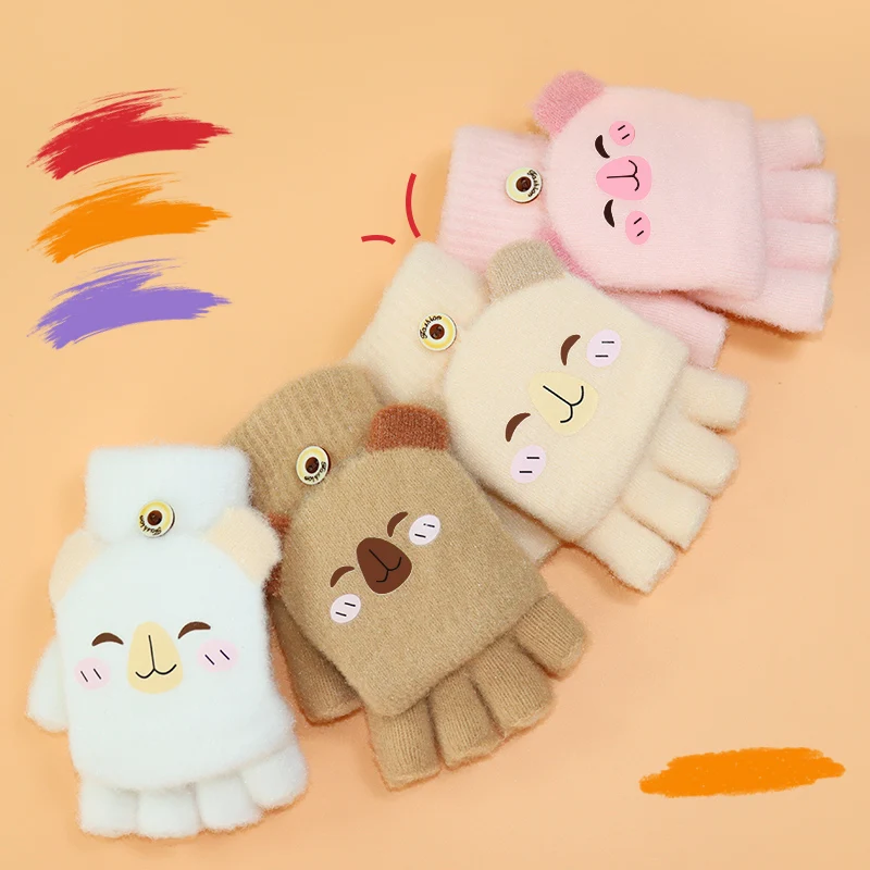 Herbst und Winter warme Baby-Flip-Halbhandschuhe für Jungen und Mädchen im Alter von 5–12 Jahren, Cartoon-Fünf-Finger-Handschuhe mit geteiltem Finger