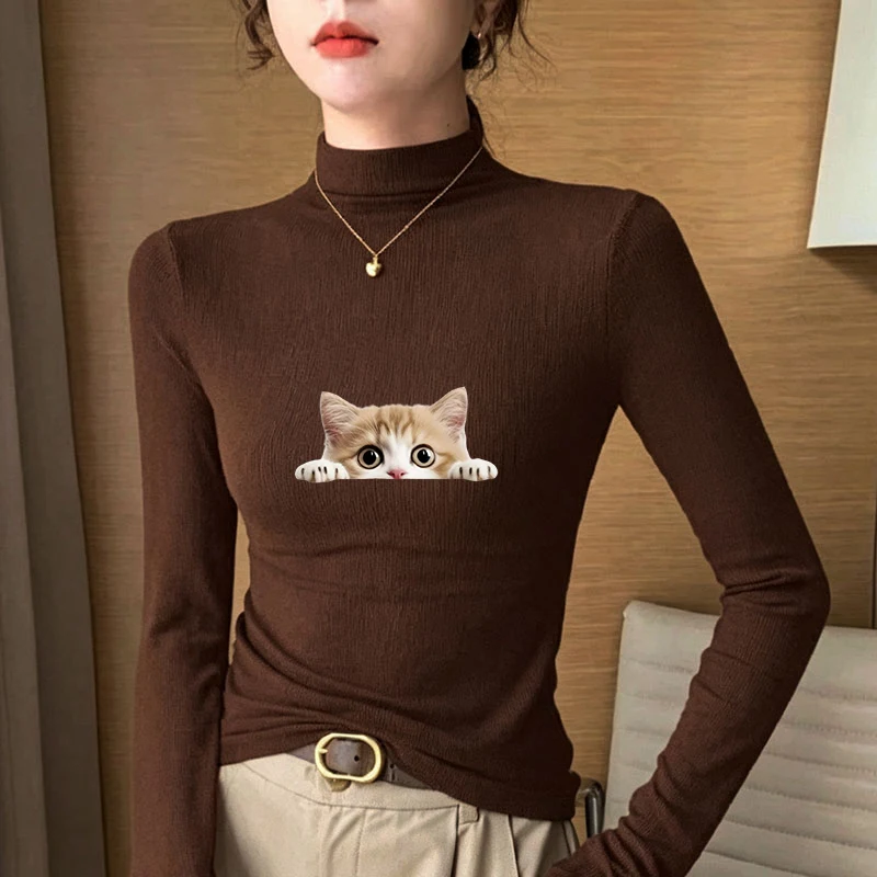 2026 New Autumn Winter Thermal Brushed Fleece Long Sleeve Graphic Print T shirt Blouses Female Warm Shirt Women Top