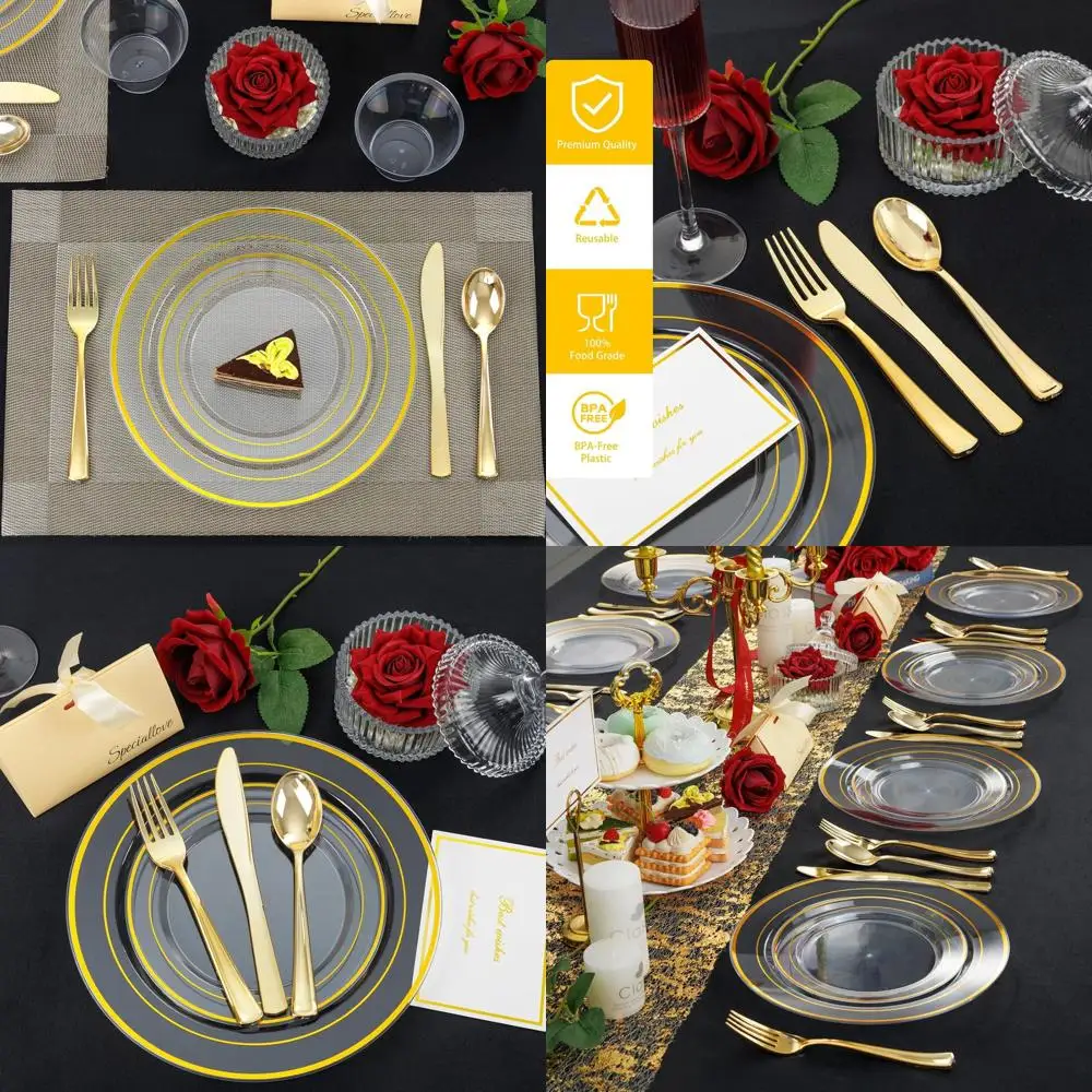 

Набор из 100 предметов: золотой пластиковый набор для вечеринок: 100 обеденных тарелок, 100 десертных тарелок, 200 вилок, 100 ножей, 100 ложок