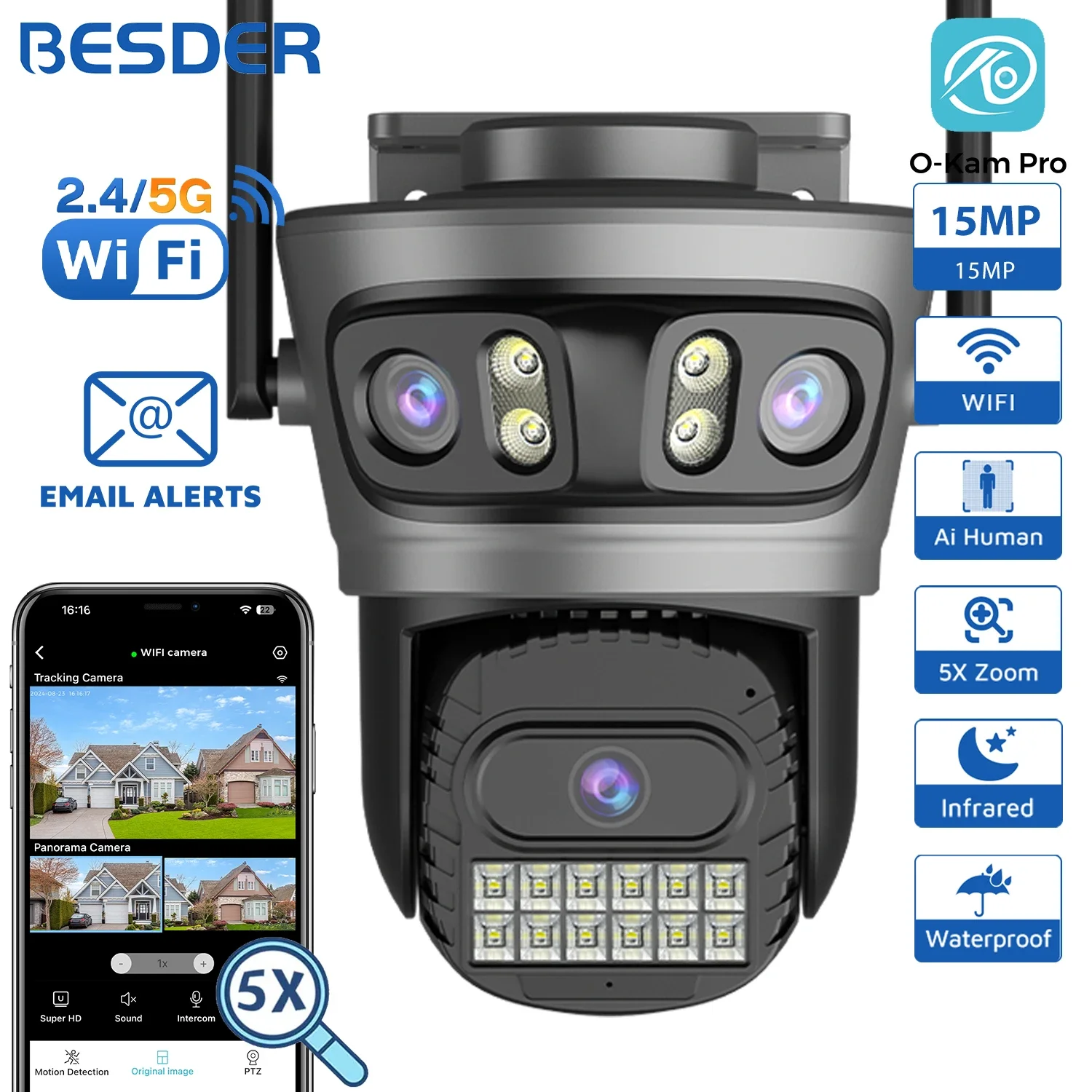 BESDER 15MP WLAN-Kamera für Außenbereich mit automatischer Verfolgung, Multi-Bildschirm, 5-fach digitalem Zoom, PTZ, Sicherheitsschutz, CCTV-Überwachung, O-Kam Pro