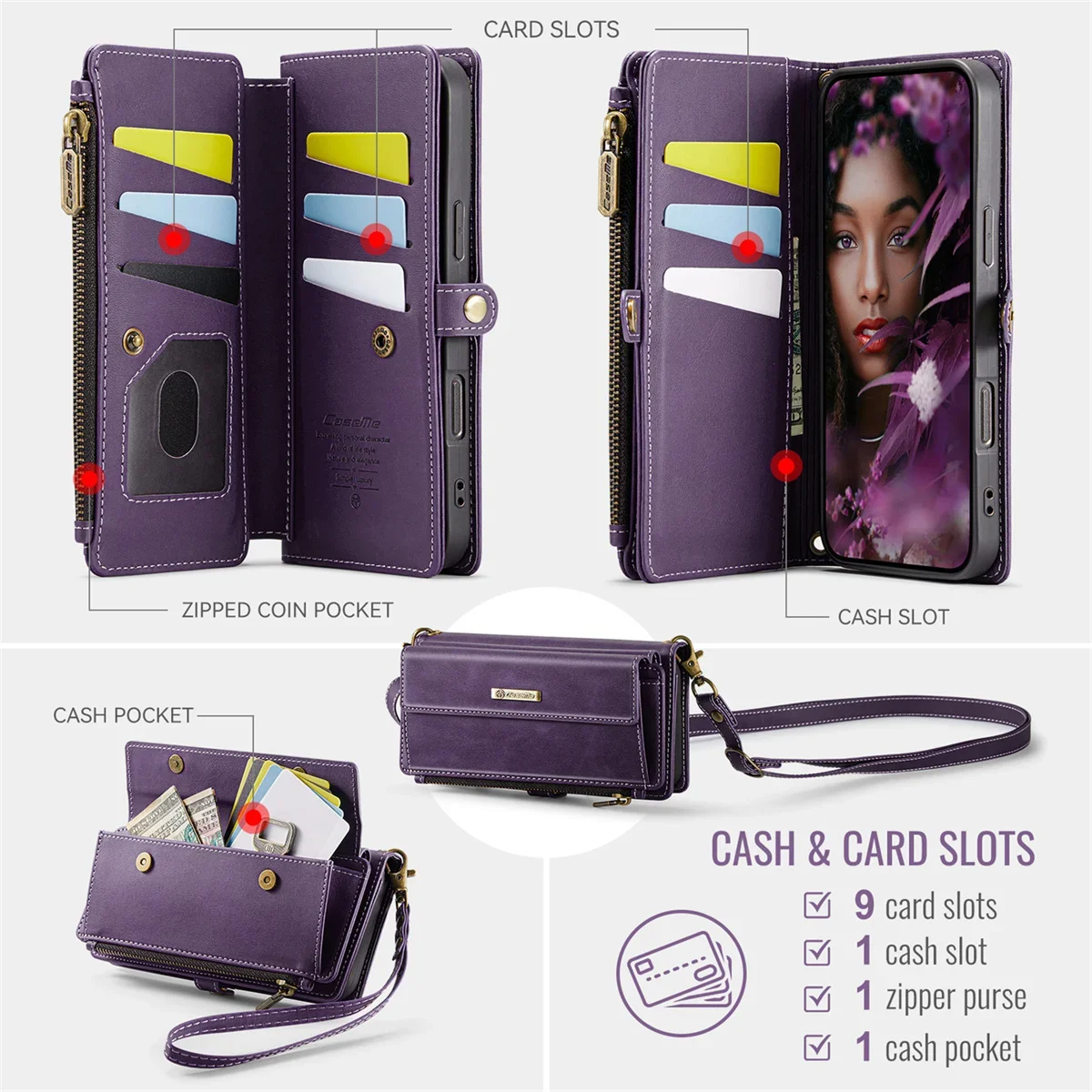 Capa carteira para iphone 16 pro max 16 plus 16e, capa de telefone com bloqueio rfid, capa flip com alça de pulso, suporte para cartão de crédito, slots