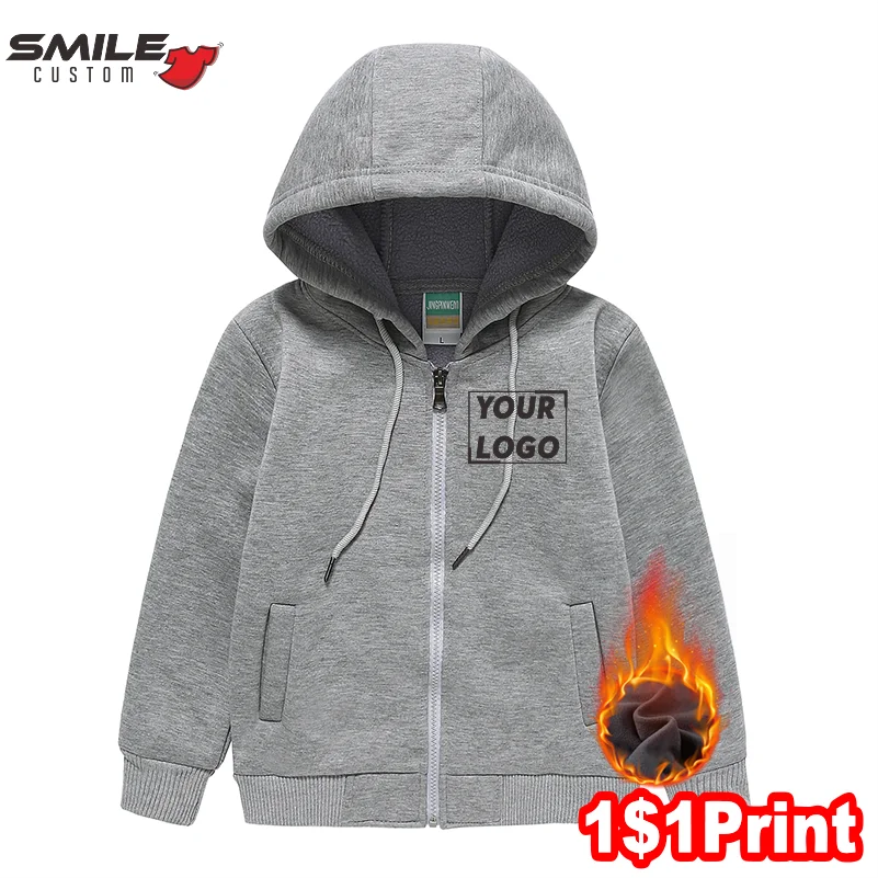 Winter Warm Children\'s Hoodie Customized Logo Kid\'s Zipper Sweater Printing Brand Pattern Fashion Sweatshirt Embroidery Text