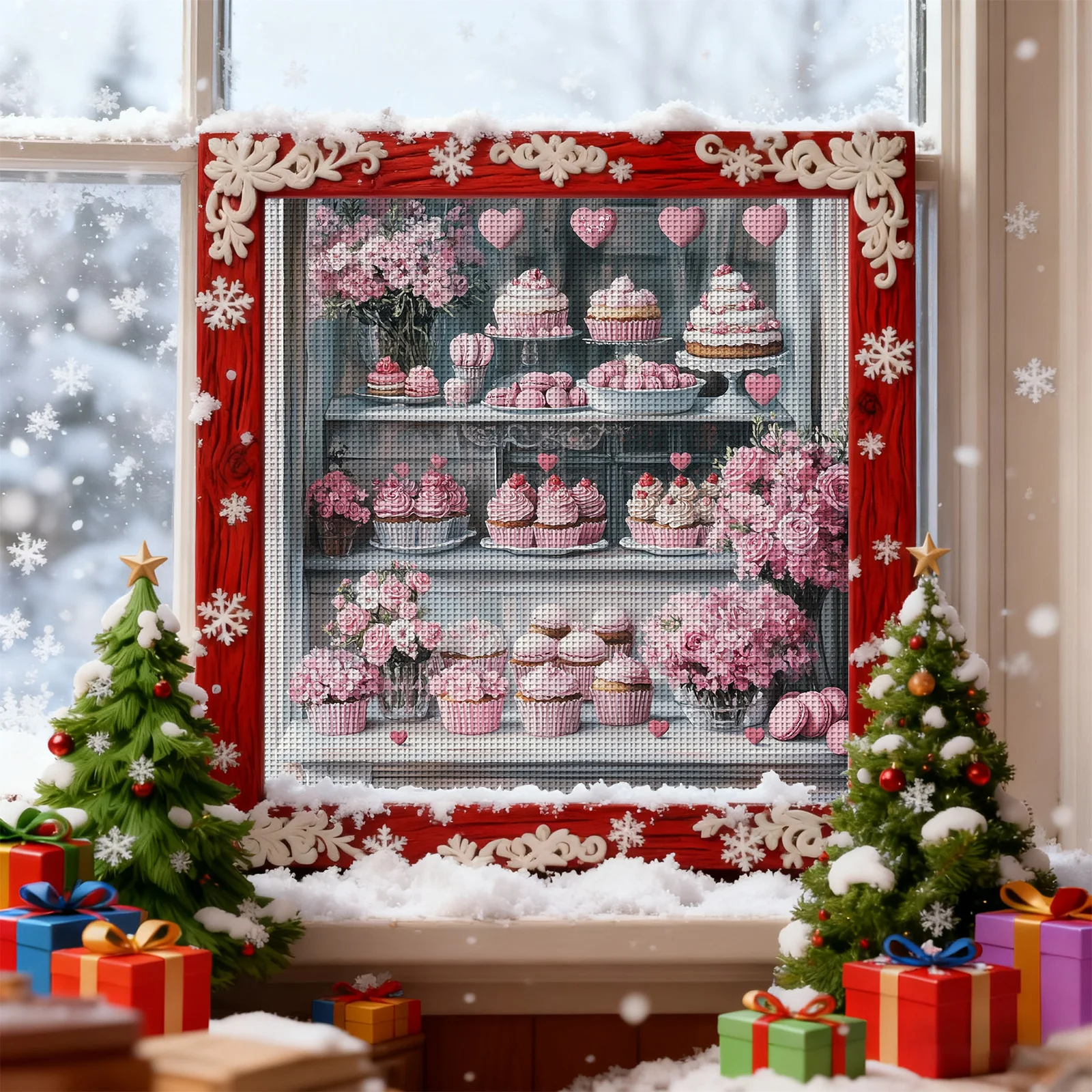 1PC46X46cm/18.1X18.1in,11CT print cross stitch DIY kit,Pink Macaron&Rose Bakery,adult beginner's relaxed cross stitch stitch set