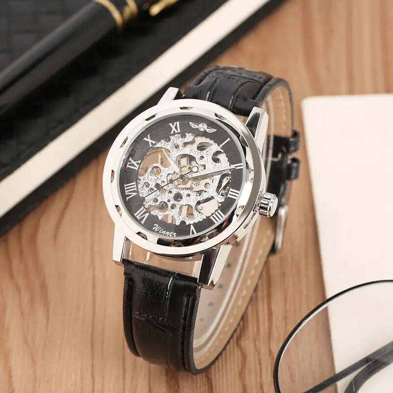 Winner Skeleton Mens Watch Transparent Case Wind UP Mechanical Wristwatch Luxury