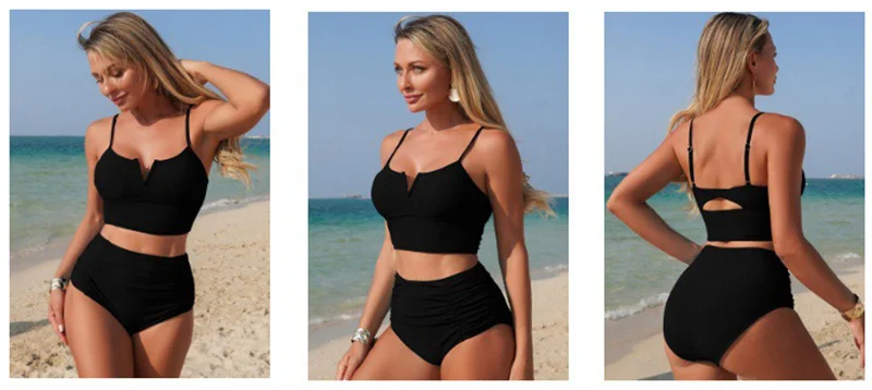 2-teiliges Damen-Bikini-Set mit V-Ausschnitt, Schwimmweste und Shorts mit hoher Taille, für Erwachsene, Bauchkontrolle, modische Badeanzüge, Strand, Surfen – Detail 3