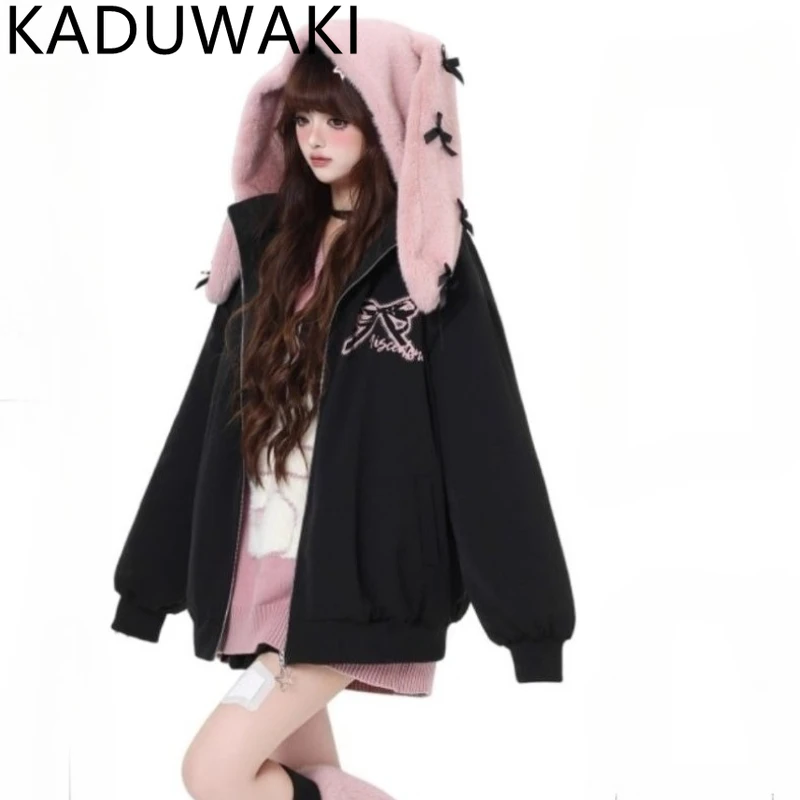 

Autumn Winter Thick Warm Jackets Women Bow Rabbit Ears Loose Heeded Parkas Y2k Aesthetic Harajuku Grunge Punk Cotton Padded Coat
