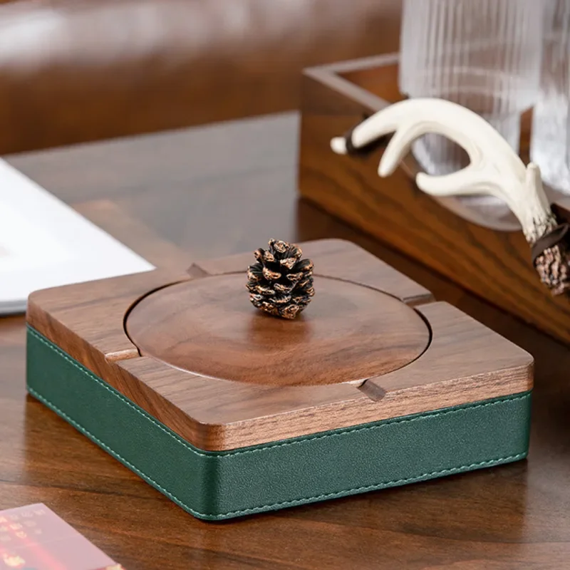 

Wooden Ashtray Home Housewarming Gift for Boyfriend Black Walnut Retro Light Luxury with Lid Large Cigarette Box for Stylish