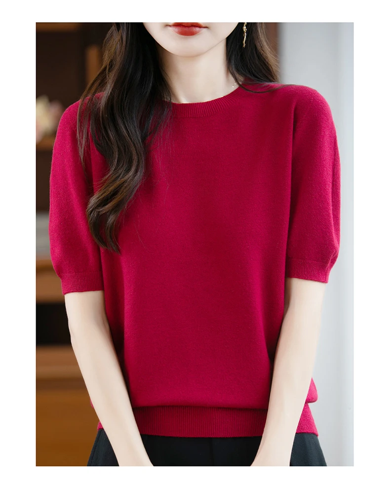 First-Line Ready-To-Wear Sweater Women's 100 Pure Wool Knitted Short-Sleeved T-Shirt Round Neck Thin Sweater Loose Half-Sleeve