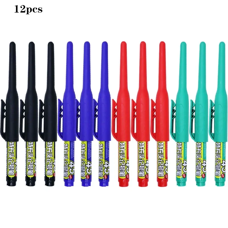 12 PCS 45mm Waterproof Long Head Nib Deep Hole Markers Pen Tile Carpenter Pen Multi-purpose for Woodworking Black/Blue/Red Ink