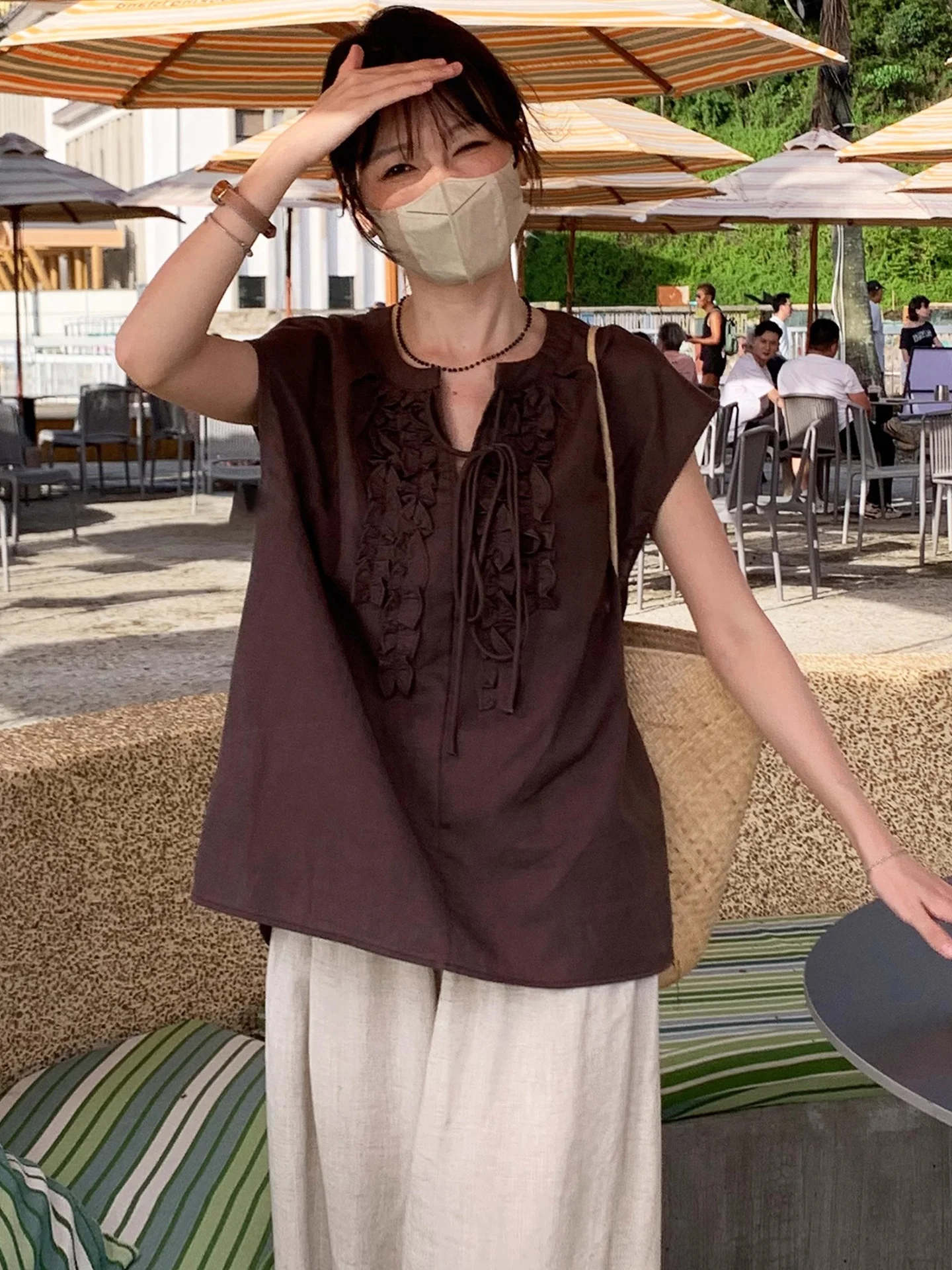 

Retro Tie Dye Shirt Loose Pure Color Shoulder Length Summer Fashionable Flounce Hem Korean Style Women's Casual Blouse